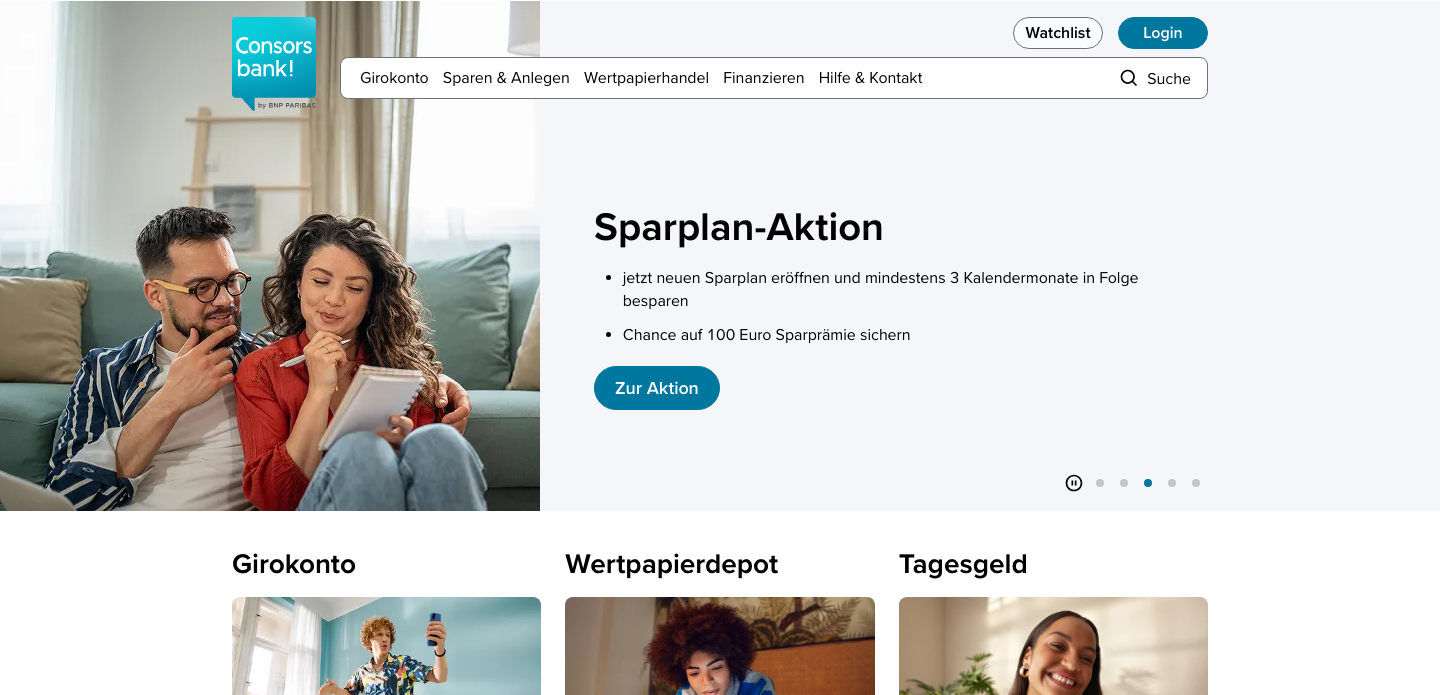 Startseite der Consorsbank mit Navigation zu Girokonto, Sparen und Wertpapierhandel.