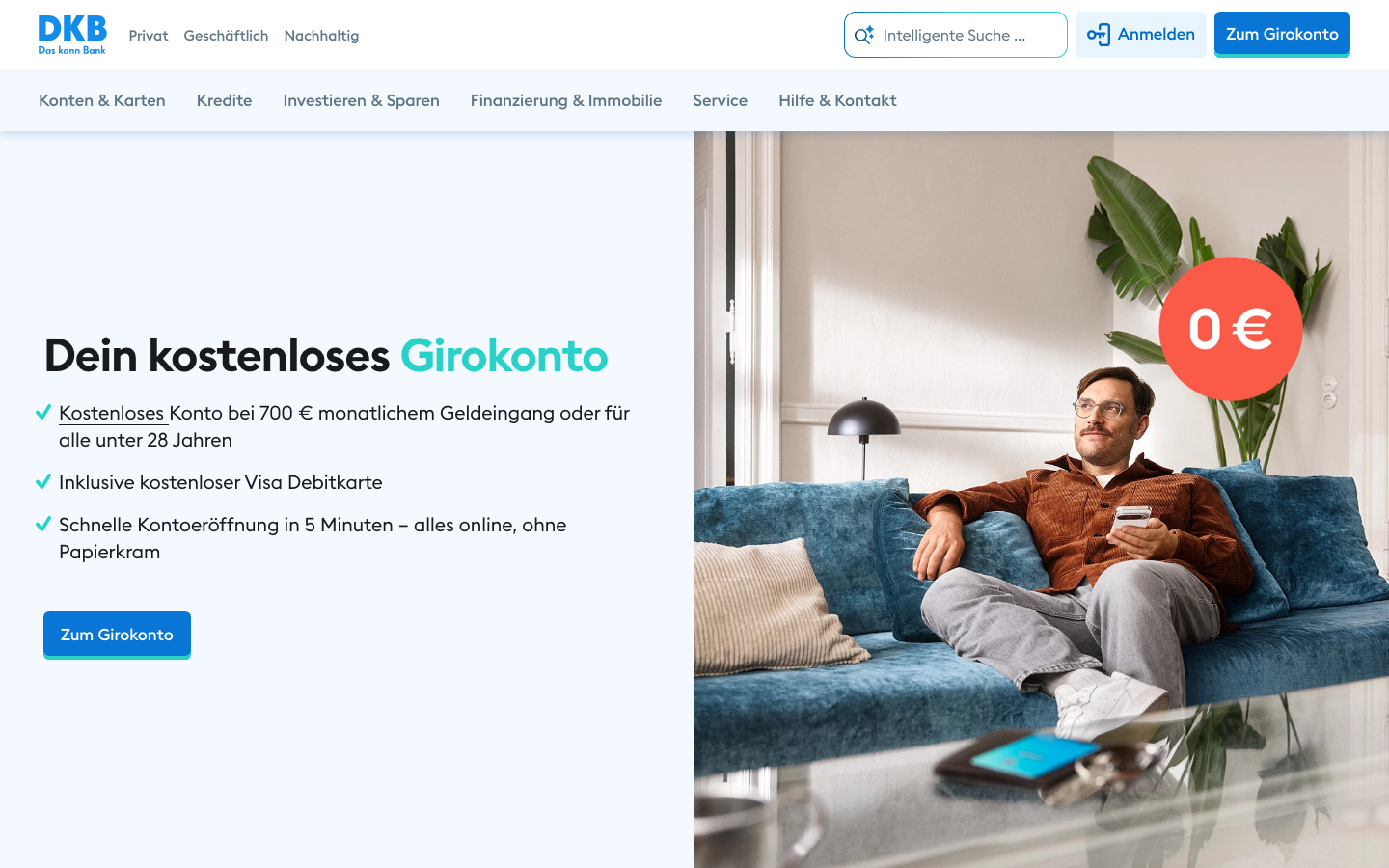 Startseite der DKB mit Hinweis auf das kostenlose Girokonto ab 700 Euro Geldeingang.