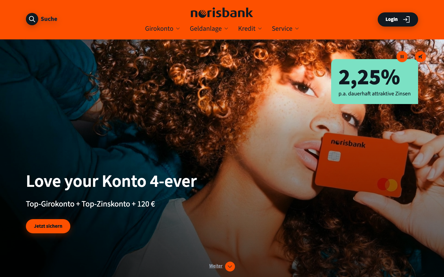 Startseite der norisbank mit Angebot für Giro- und Zinskonto.