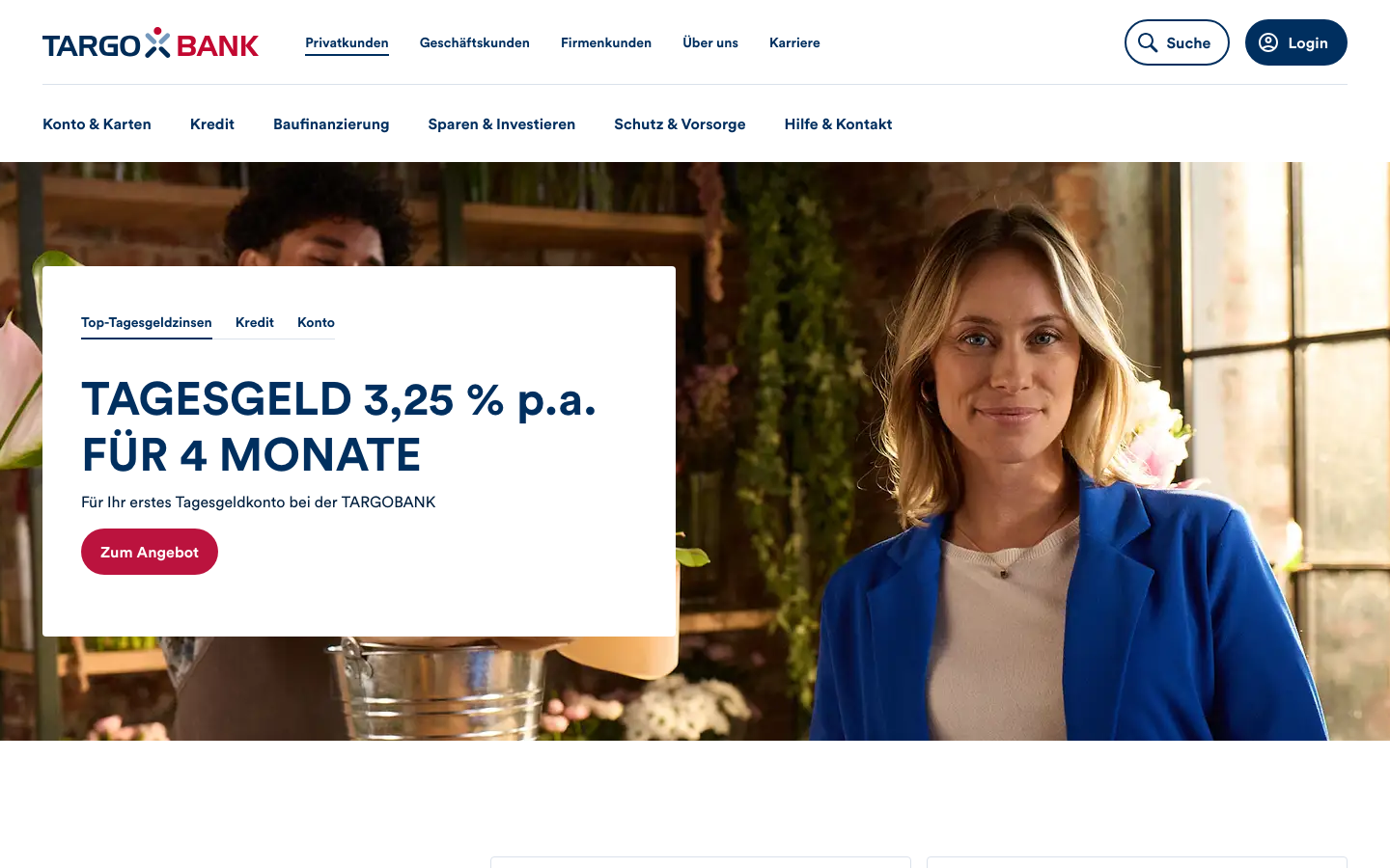 Startseite der TARGOBANK mit Tagesgeld-Angebot und Hauptnavigation.