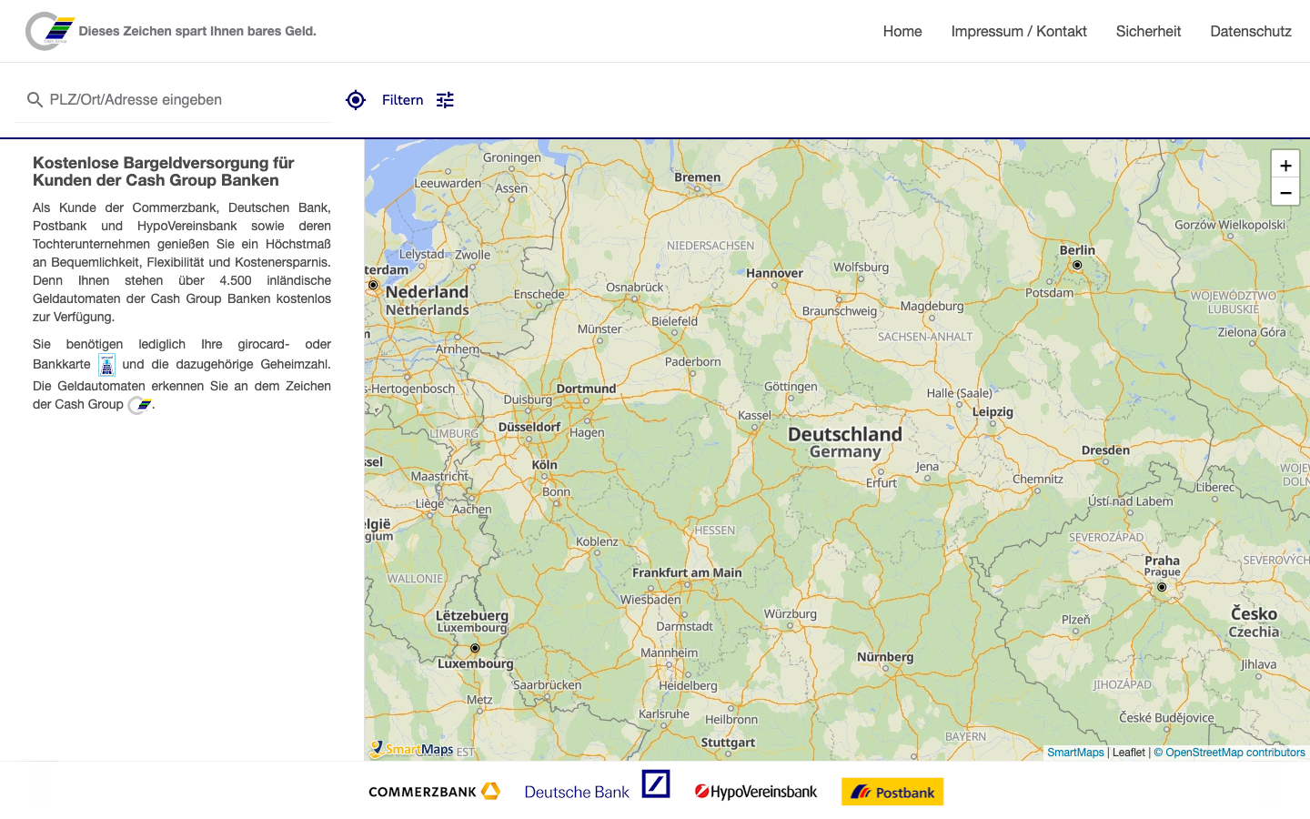 Screenshot der offiziellen Cash-Group-Website mit Geldautomaten-Finder und Hinweis auf über 4.500 Automaten.