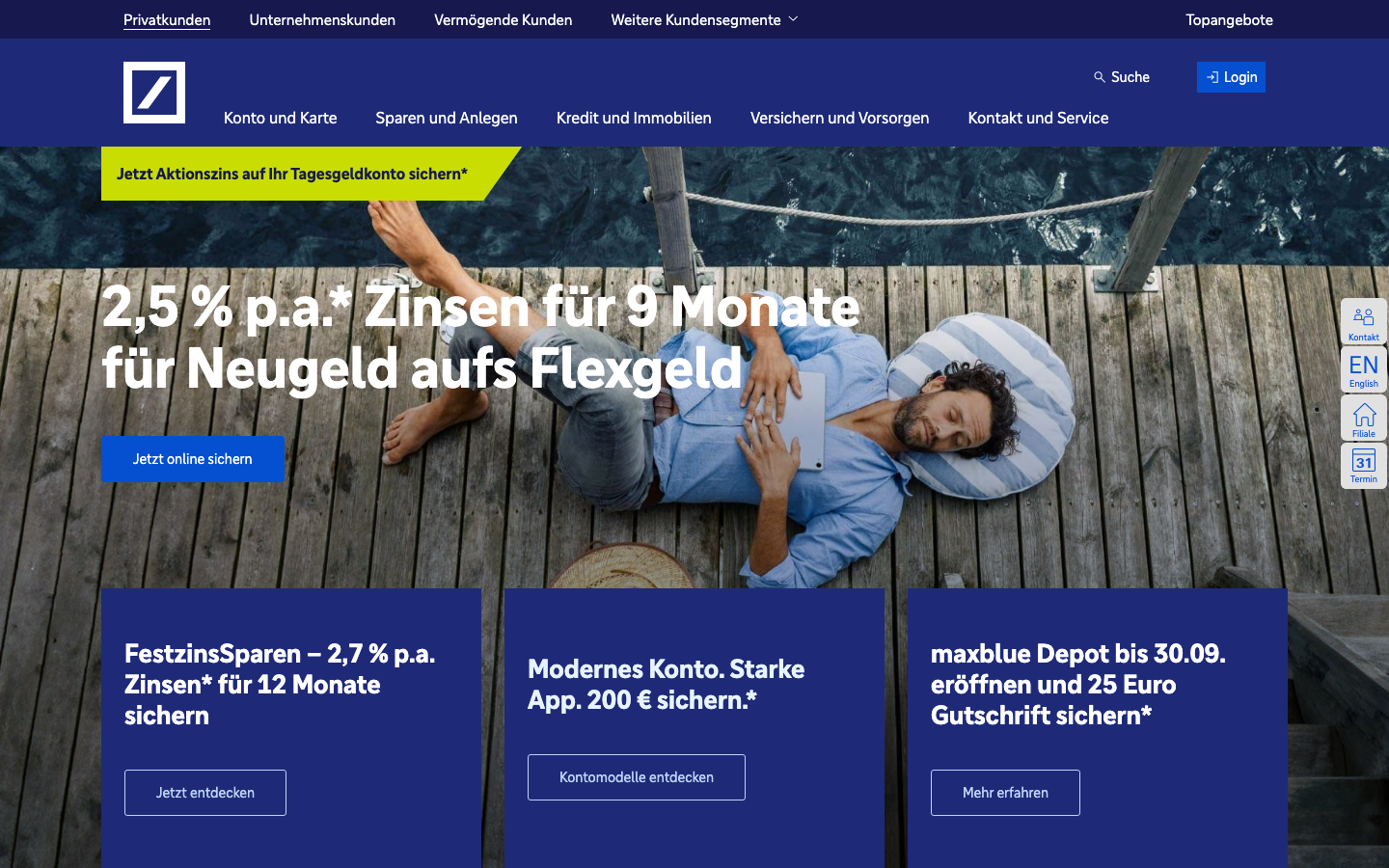 Startseite der Deutschen Bank, Anbieter des Jungen Kontos für Studenten