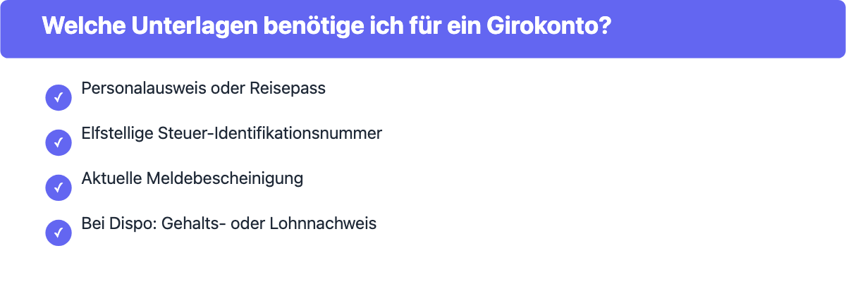 Checkliste der Unterlagen für die Girokonto-Eröffnung: Ausweis, Steuer-ID, Meldebescheinigung, Gehaltsnachweis