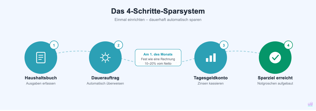Infografik: Das 4-Schritte-Sparsystem – Haushaltsbuch, Dauerauftrag, Sparkonto, Sparziel