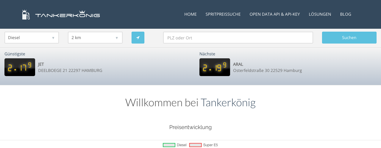 Screenshot: Tankerkönig zeigt günstige Tankstellen in Echtzeit