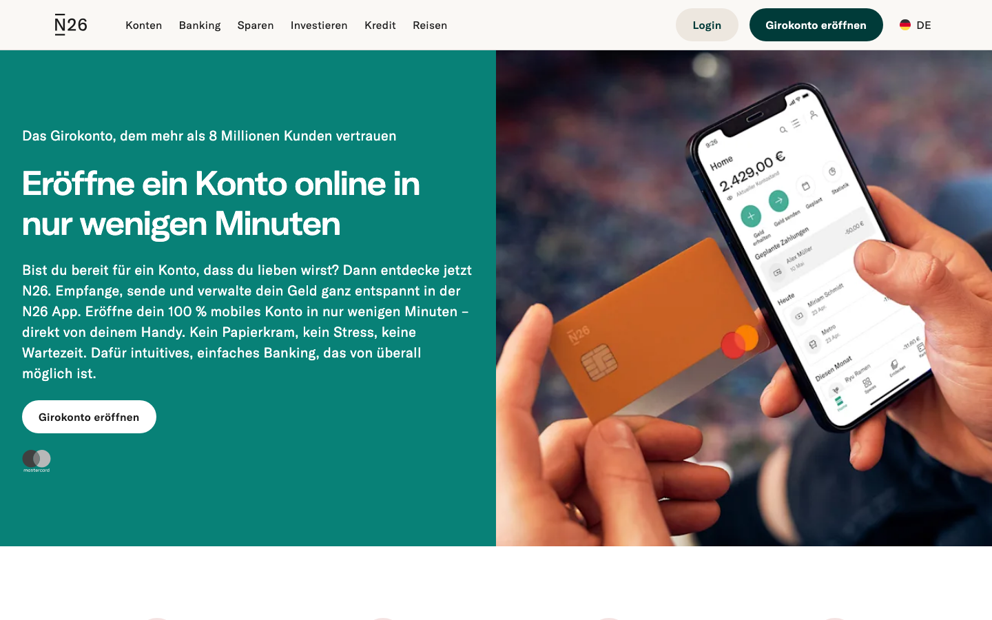 N26 Startseite für die Kontoeröffnung in Deutschland