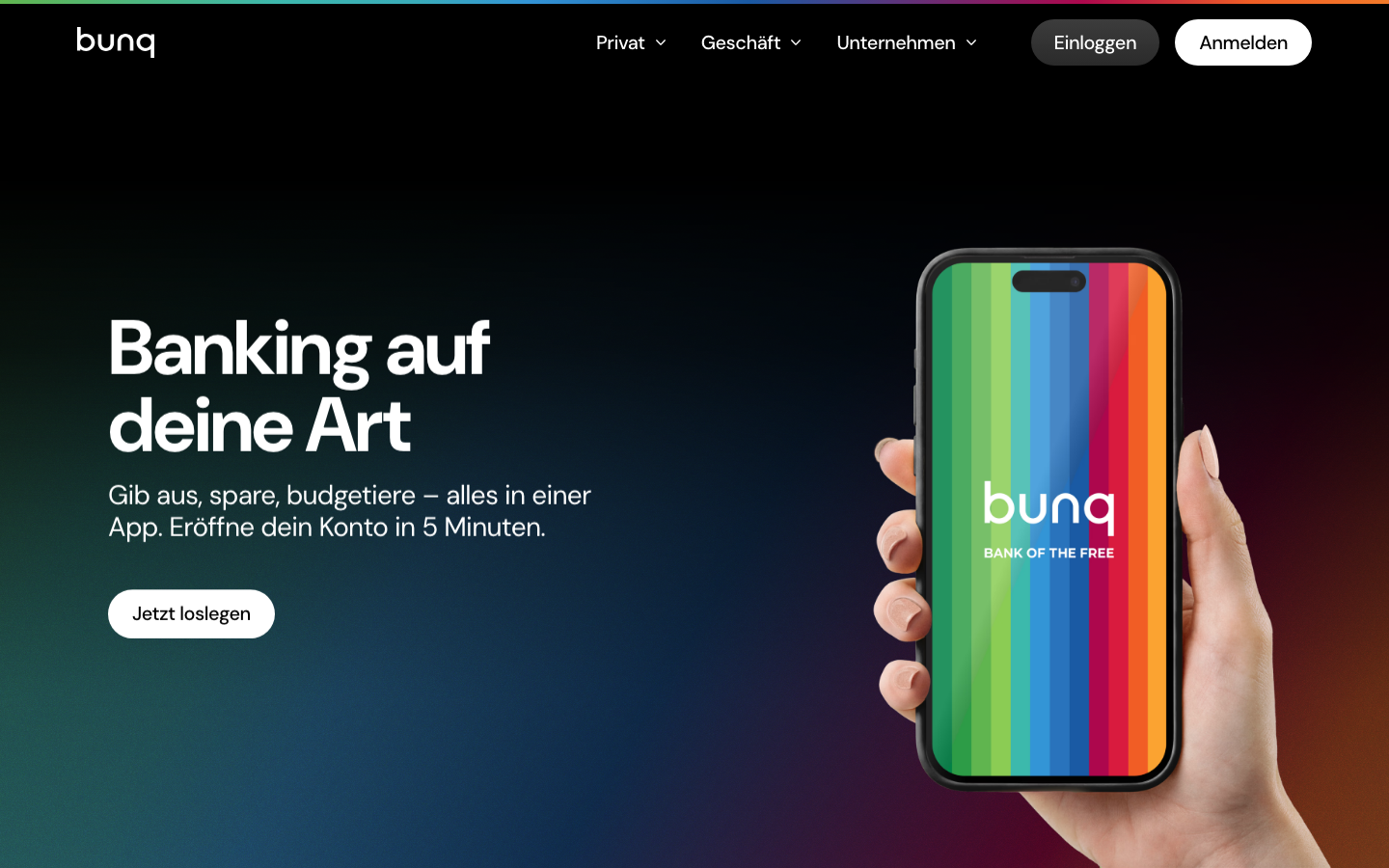 bunq Startseite für die App-basierte Kontoeröffnung